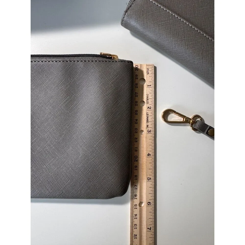 Gray Saffiano Faux Leather 4pc Wristlet Clutch Wallet Cosmetic Bag Set Gold Tone